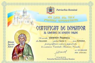 Certificate de donator pentru cei care ajută construirea Catedralei Mântuirii Neamului