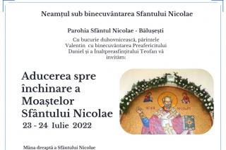 Mâna dreaptă a Sfântului Nicolae va fi adusă spre închinare la Parohia Bălușești