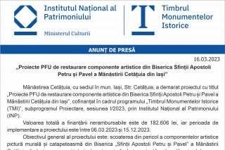 Anunț lansare proiect: „Proiecte PFU de restaurare componente artistice din Biserica Sfinții Apostoli Petru și Pavel a Mănăstirii Cetățuia din Iași”