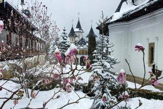 (Foto) Peisaj de iarnă în luna aprilie la Mănăstirea Sihăstria