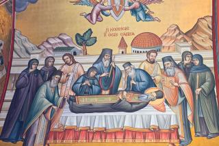 Scene din viața și minunile Sfântului Cuvios Sava cel Nou, zugrăvite în biserica mănăstirii sale din Kalymnos