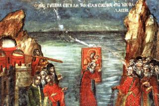 Cuviosul Gavriil Ivirul aducând Icoana Maicii Domnului Portărița de pe mare