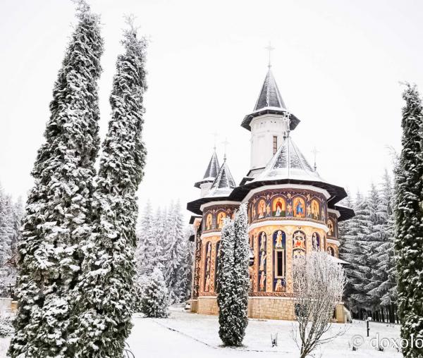 (Foto) Veșmânt de zăpadă peste biserica „Sfântul Ioan Iacob Hozevitul” de la Seminarul Teologic de la Mănăstirea Neamț