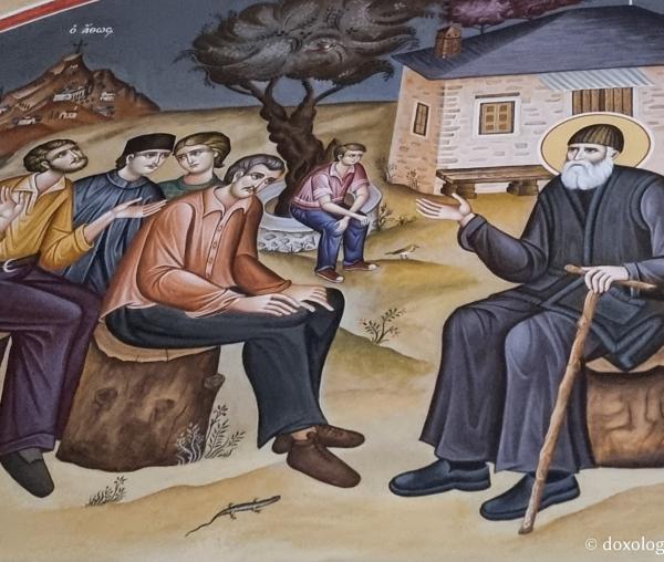Scene din viața Sfântului Paisie Aghioritul și a Sfântului Arsenie Capadocianul în biserica mănăstirii de la Suroti