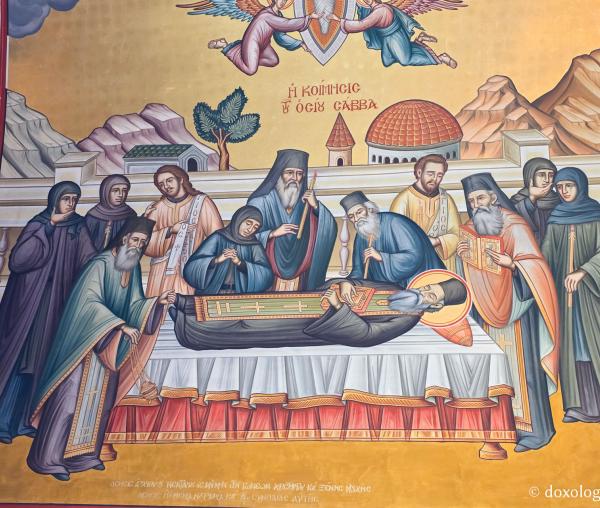 Scene din viața și minunile Sfântului Cuvios Sava cel Nou, zugrăvite în biserica mănăstirii sale din Kalymnos