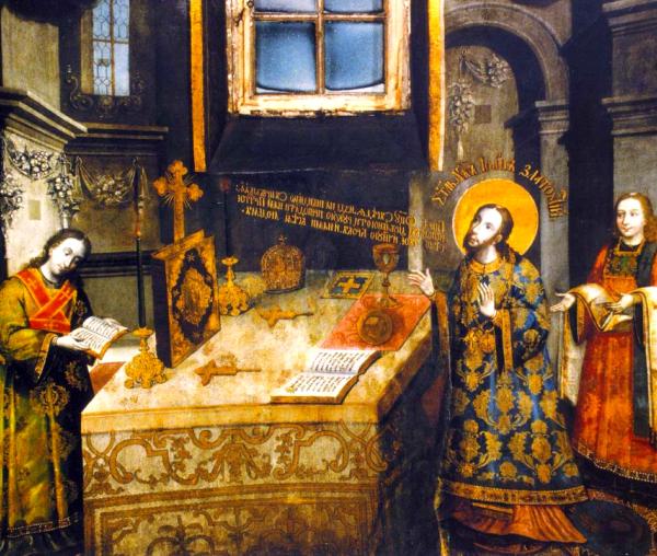 Sfântul Ierarh Ioan Gură de Aur, Arhiepiscopul Constantinopolului săvârșind Sfânta Liturghie