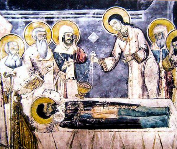 Adormirea Sfântului Cuvios Naum al Ohridei - fresca din Mănăstirea Sfântului Naum - Ohrida
