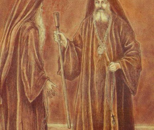 Cuviosul Irodion primind ascultarea de stareț de la Sfântul Ierarh Calinic