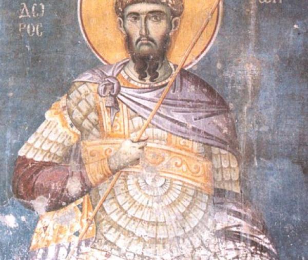 Sfântul Mare Mucenic Teodor Tiron - frescă din secolul al XIV-lea, de la Sfântul Munte Athos