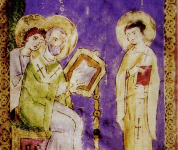 Sfântul Ierarh Grigorie Dialogul, Episcopul Romei - Miniatură din secolul al XI-lea - Italia
