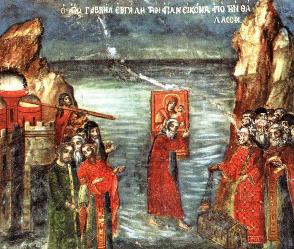 Cuviosul Gavriil Ivirul aducând Icoana Maicii Domnului Portărița de pe mare