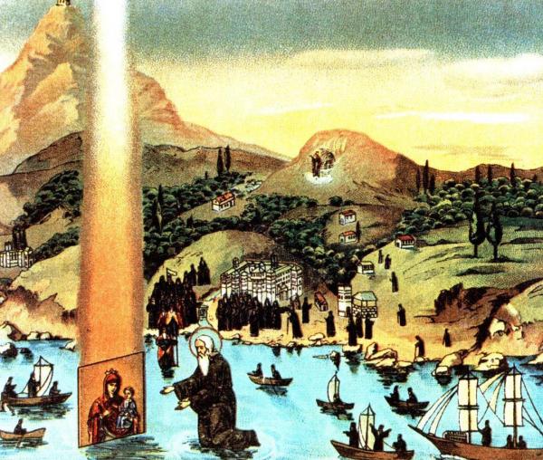 Cuviosul Gavriil Ivirul aducând Icoana Maicii Domnului Portărița de pe mare