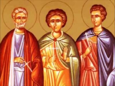 Troparul Sfinților Mucenici Mina, Ermoghen și Evgraf (în limba greacă)