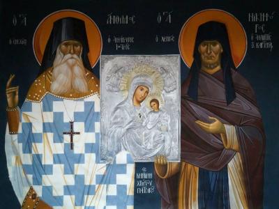 Sfinții Cuvioși Antim din Chios și Nichifor Leprosul cu icoana Maicii Domnului Ajutătoarea (Voithia)