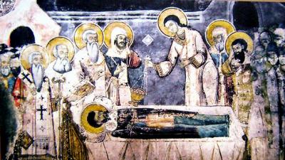 Adormirea Sfântului Cuvios Naum al Ohridei - fresca din Mănăstirea Sfântului Naum - Ohrida