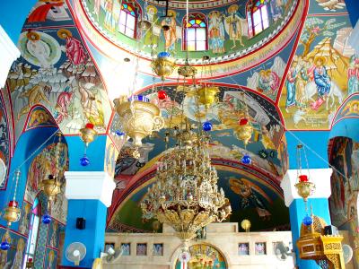 Frescă din Biserica Sfântul Prooroc Elisei unde se păsrează dudul lui Zaheu vameşul - Ierihon, Israel Frescă din Biserica Sfântul Prooroc Elisei unde se păsrează dudul lui Zaheu vameşul - Ierihon, Israel