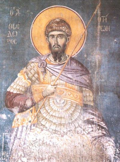 Sfântul Mare Mucenic Teodor Tiron - frescă din secolul al XIV-lea, de la Sfântul Munte Athos